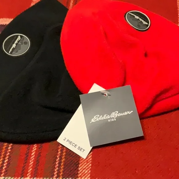 EDDIE BAUER sz M/L Hats Kids Fleece Winter 2 Piece Set Red Black NWT - Picture 4 of 7